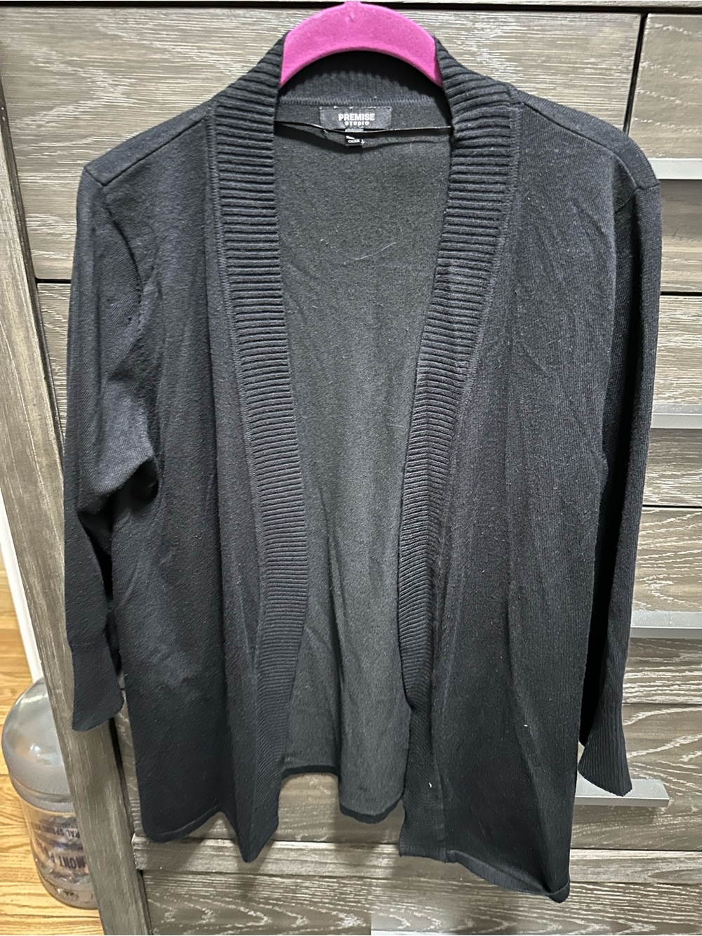 Premise Black Open-Front Ribbed-Trim Cardigan